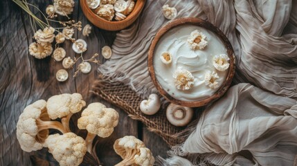 Assorted Mushrooms and Creamy Soup on Rustic Table