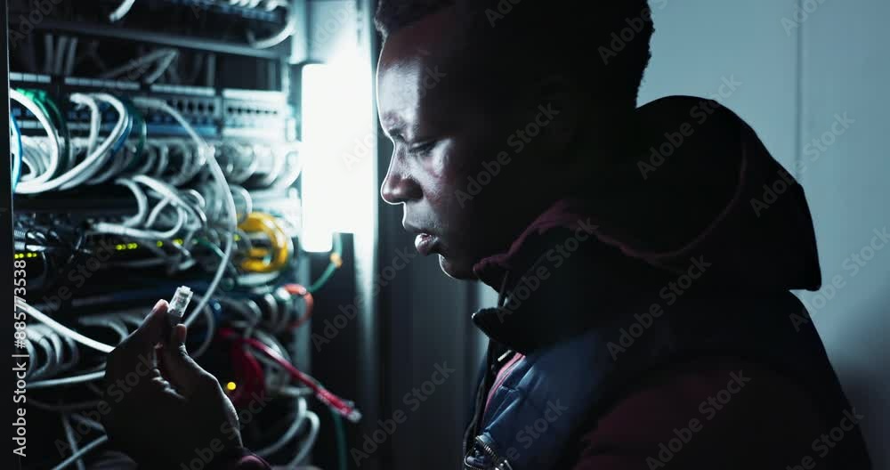 Poster Power, electrician and black man with networking in server room, update and engineering. Professional, employee and African male person as technician for connection to cables for maintenance