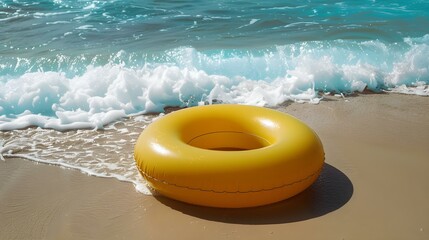 Naklejka premium Close Up of a yellow inflatable Swimming Ring on the Beach