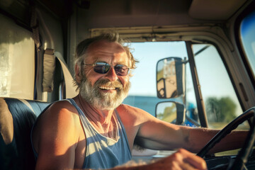 Naklejka premium Portrait of a senior man driving a motorhome in summertime