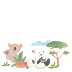 Watercolor hand drawn illustration of border of mom koala and baby, panda mother with kid and tropical trees and foliage jungle around. Transparent png background