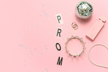 Word PROM with crown, disco ball and perfume bottle on pink background
