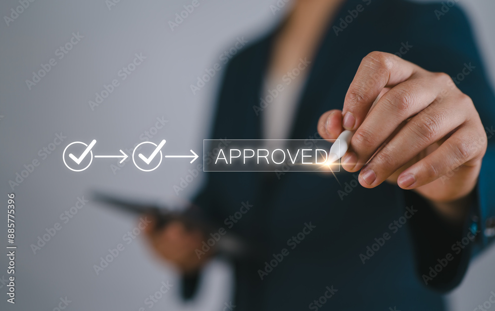 Poster a businessman hand stamping with approved stamp on document. business process workflow illustrating 