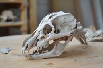 Closeup of a bleached animal skull displayed on a rustic wooden tabletop