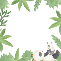 Watercolor hand drawn illustration of frame with palm trees, leaves, mother panda with baby. Jungle green border for kids decoration © Natali