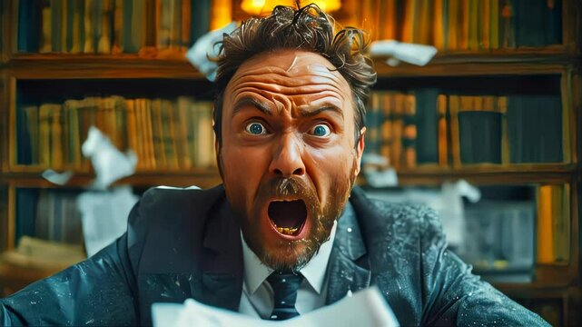 Angry furious businessman, brain explosion at work