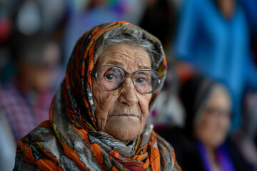 Obraz premium Portrait of an elderly woman in a headscarf and glasses