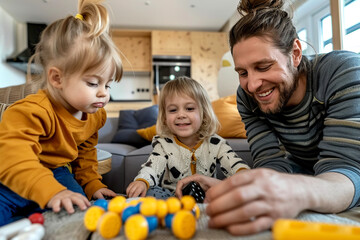 Fototapeta premium A father and his two daughters play with building blocks on the floor of their living room.