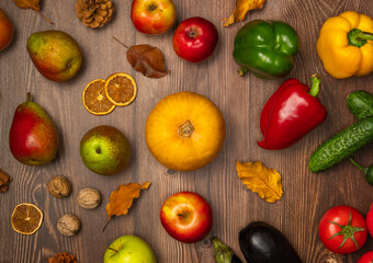 Full table of fruits and vegetables. Autumn harvest. Top view, flat lay