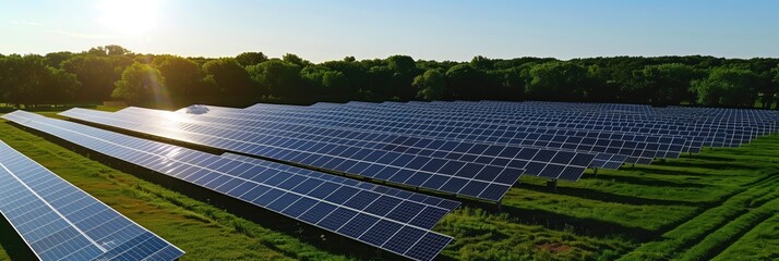 Solar farm landscape aerial view large field solar panels sunny day blue sky clouds industrial landscape renewable energy eco friendly sustainable power generation green technology future innovation