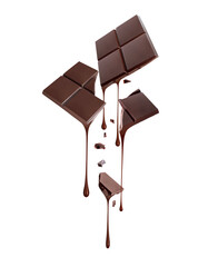 Broken dark chocolate bar with stretched dripping drops isolated on white background
