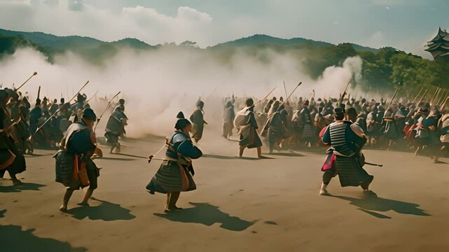 Epic Samurai battle in historical warfare environment. Classic fight techniques