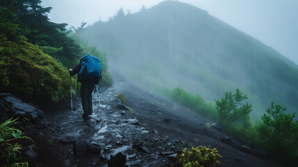 Obraz premium 夏の雷雨の中、富士山を登る一人の登山者