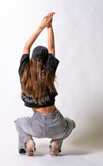 grey scuffs style casual posing streetstyle female trucker hat dark-haired cap fitted cap looking...