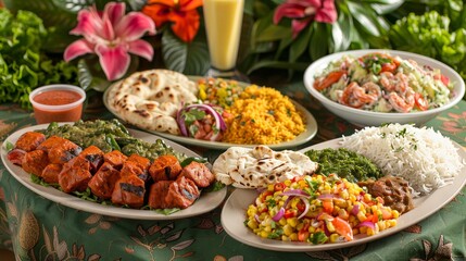 Assortment of Delicious Indian Dishes with Rice, Vegetables, Salad, and Naan on a Table