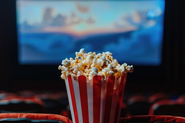 Popcorn paper box in movie theatre. Red seats and screen at the cinema. Red and white plastic glass full of popcorn