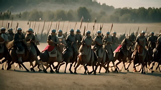 Imagining medieval cavalry charge in battle formation with knights on horses.