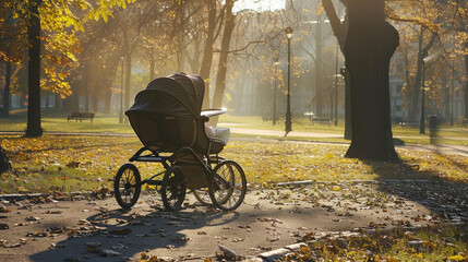 Obraz premium lonely, empty baby carriage stands in a sunny, warm park with no people around.