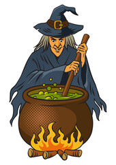witch brews a potion in a cauldron pop art retro PNG illustration. Comic book style imitation.