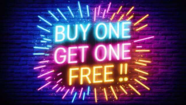 Buy one get free neon sign on brick wall background, AI