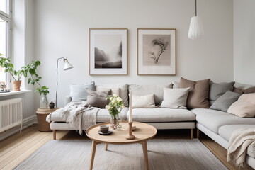A cozy minimalist living room featuring a comfortable sectional sofa, a round wooden coffee table, framed art, and plants by the window. Natural light fills the space - Generative AI