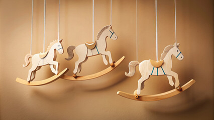 children's wooden rocking horses hanging on ropes on a background of a beige wall, interior, decor, toy, play, wallpaper, pattern, swing, house, design, childhood, baby toys