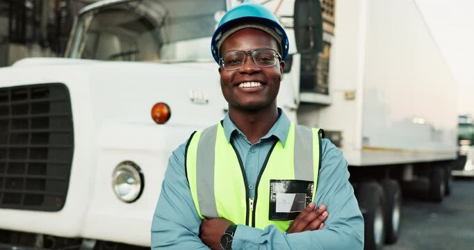 Man, face and truck for logistics with arms crossed, smile or pride for delivery in commercial shipping. African person, driver and happy by freight lorry in industry, supply chain or trailer in road
