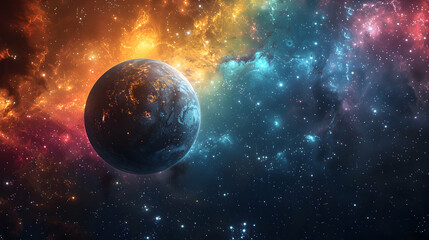  A solar planet in a cosmic setting, surrounded by colorful nebulas and distant stars