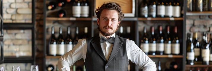 A photo captures a sommelier posing in front of a wine shelf, showcasing typical attire while