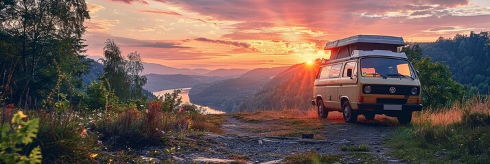A photo captures a camper van with sleeping accommodations against a captivating natural spectacle