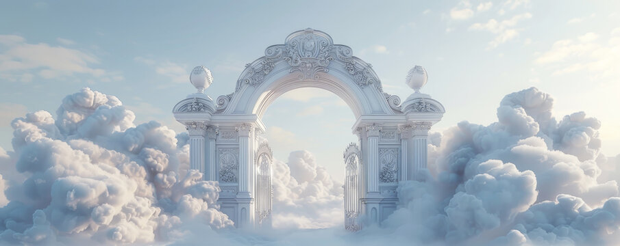 Majestic white archway in the clouds with ornate silver gates