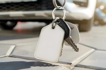 A dynamic mockup of a blank keychain attached to a set of car keys, with a stylish car in the background, suitable for automotive and promotional product branding 