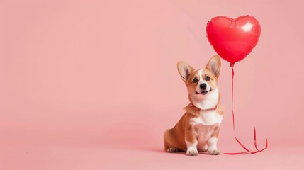 cute dog next to a heart balloon on a pink background