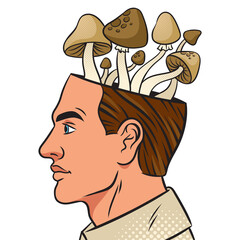 Mushrooms in head abstract pop art retro PNG illustration. Comic book style imitation.