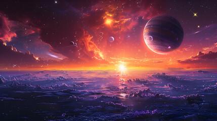 Obraz premium A solar planet in a vibrant cosmic scene with multiple moons and stars