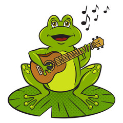 cartoon frog plays guitar ukulele and sings song pop art retro PNG illustration. Comic book style imitation.