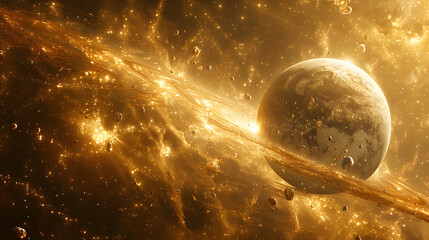 Obraz premium A solar planet in the midst of a cosmic dust storm, surrounded by glowing particles