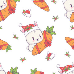 Christmas seamless pattern with bunny Santa with carrot