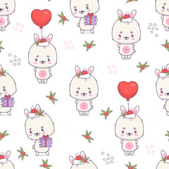 Christmas seamless pattern with rabbit in Santa hat
