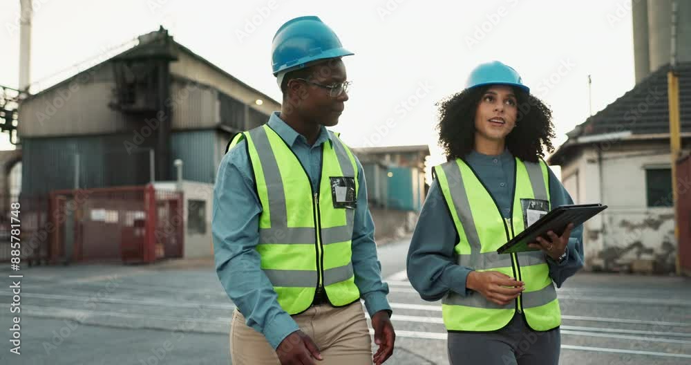 Poster man, woman and engineering teamwork for inspection of construction site for walking in project. coll