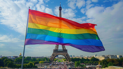 Rainbow flag flying in front of Eiffel Tower in Paris, showcasing LGBTQ+ pride