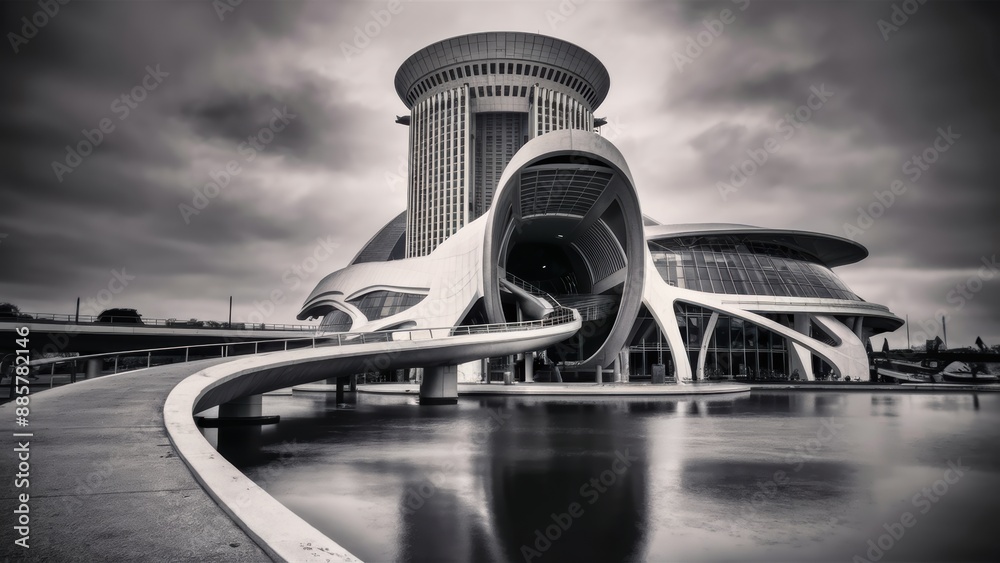 Sticker a building with a curved roof and some water in the background, ai