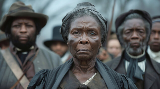 Fearless abolitionist and group looking resolute against slavery