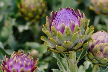 Closeup of a striking purple artichoke flower against a lush green background