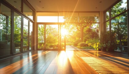 Interior sunlit house, cheerful ambiance with sunny background through windows