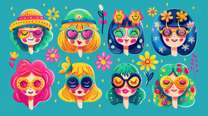 Naklejka premium Set of colorful 70s groovy comic faces vector. Vintage collection of cartoon women with vibrant hairstyles and sunglasses.