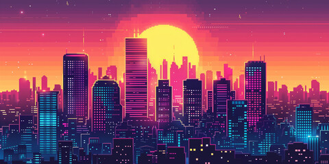 Pixel art retro wave. panorama of big city. wide banner. Space for text. neon cyberpunk digital 8 16 32 64 bit painting. poster, flyer, banner, email, header, social media post. Generative Ai content
