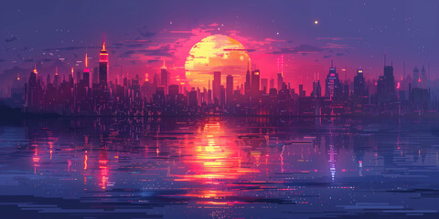 Pixel art retro wave. panorama of big city. wide banner. Space for text. neon cyberpunk digital 8 16 32 64 bit painting. poster, flyer, banner, email, header, social media post. Generative Ai content