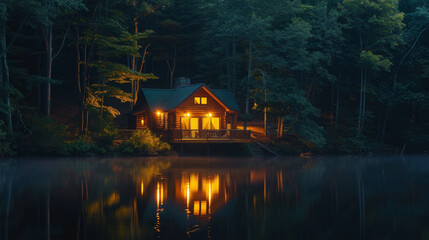 Obraz premium Tranquil lakeside cabin retreat, nestled in a secluded forest at evening