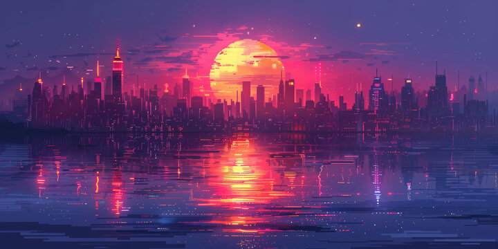 Pixel art retro wave. panorama of big city. wide banner. Space for text. neon cyberpunk digital 8 16 32 64 bit painting. poster, flyer, banner, email, header, social media post. Generative Ai content